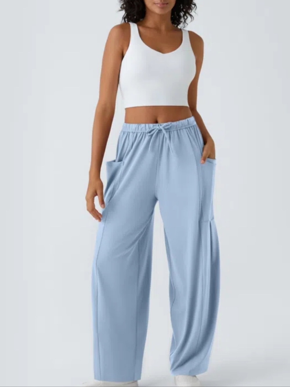 Mid Rise Elastic Waistband Drawstring Pocket Palazzo Flowy Wide Leg Casual Pants